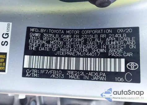 2021 Toyota Corolla Le from USA, damaged, VIN JTDEPMAE7MJ144017